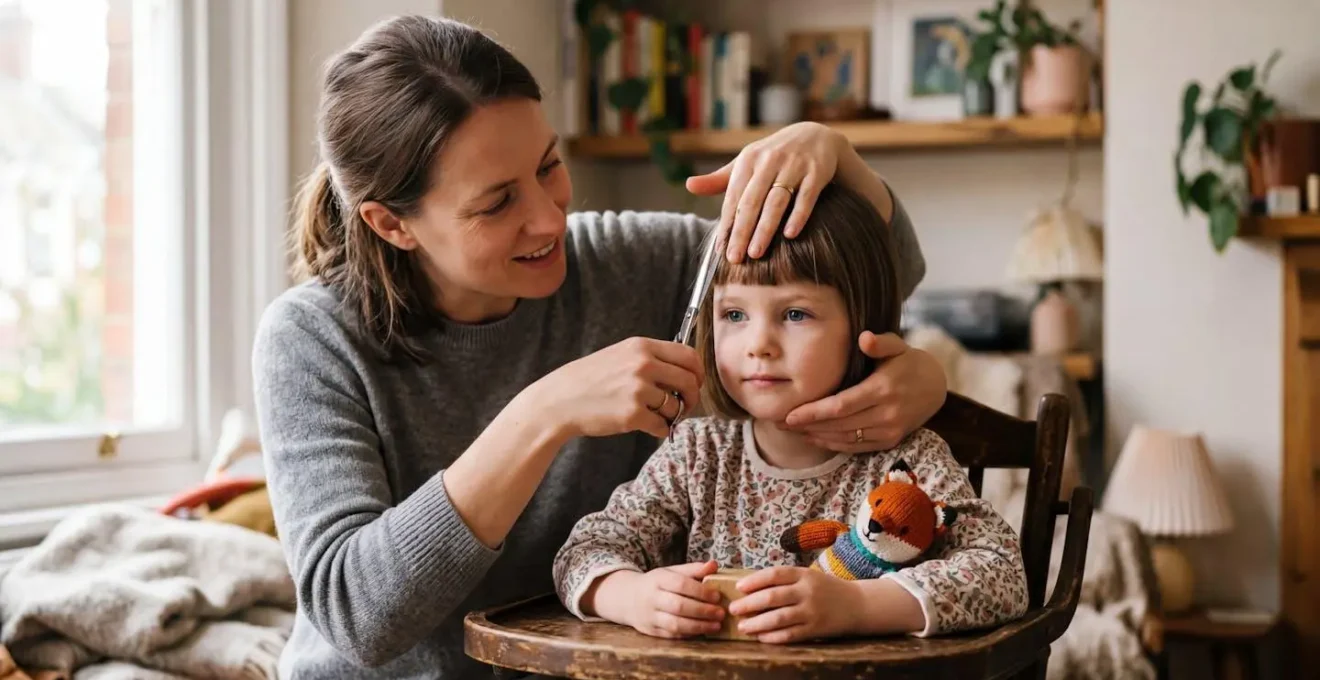 Parent coupant délicatement la frange de son enfant avec des ciseaux spéciaux dans un environnement familial