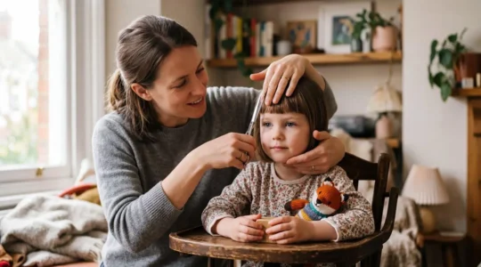 Parent coupant délicatement la frange de son enfant avec des ciseaux spéciaux dans un environnement familial