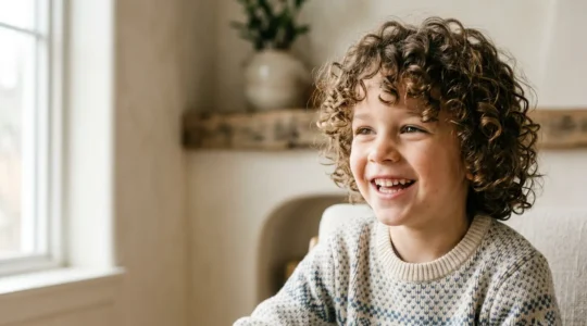 Portrait d'un garçon de 5 ans souriant avec des cheveux bouclés bien définis et naturels, sans aspect cartonné