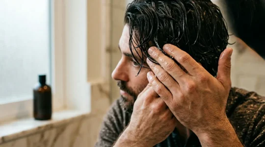 Homme appliquant un gel coiffant fixation forte sur cheveux humides avec technique professionnelle