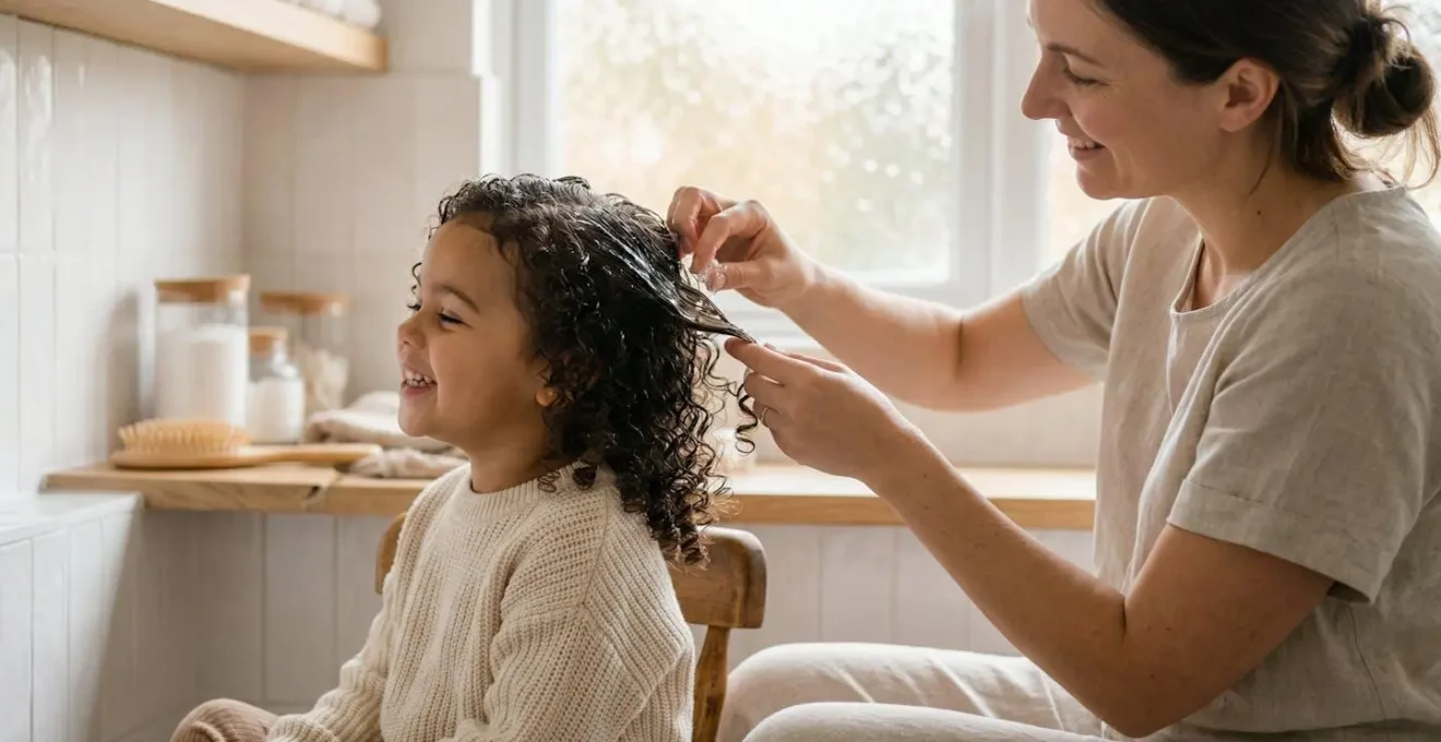 Application de gel naturel sur cheveux bouclés d'enfant dans une salle de bain lumineuse