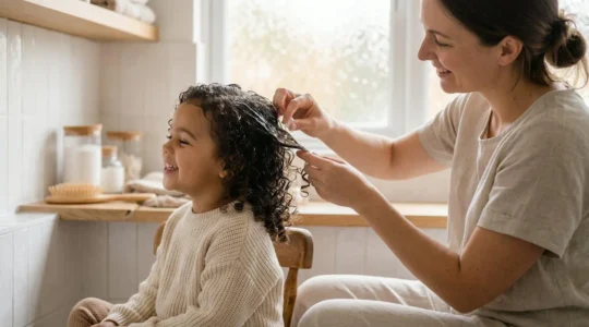 Application de gel naturel sur cheveux bouclés d'enfant dans une salle de bain lumineuse