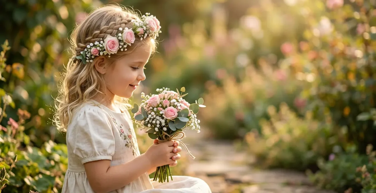 Petite fille vue de profil avec couronne florale et mini-bouquet assorti dans un jardin fleuri