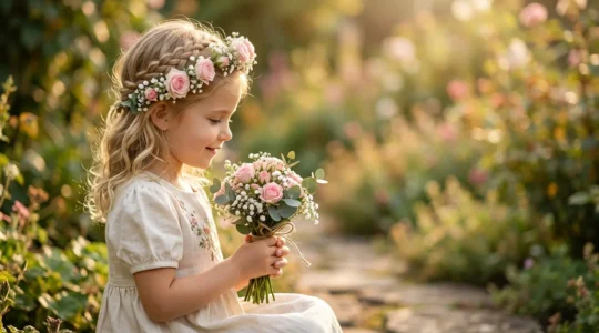 Petite fille vue de profil avec couronne florale et mini-bouquet assorti dans un jardin fleuri