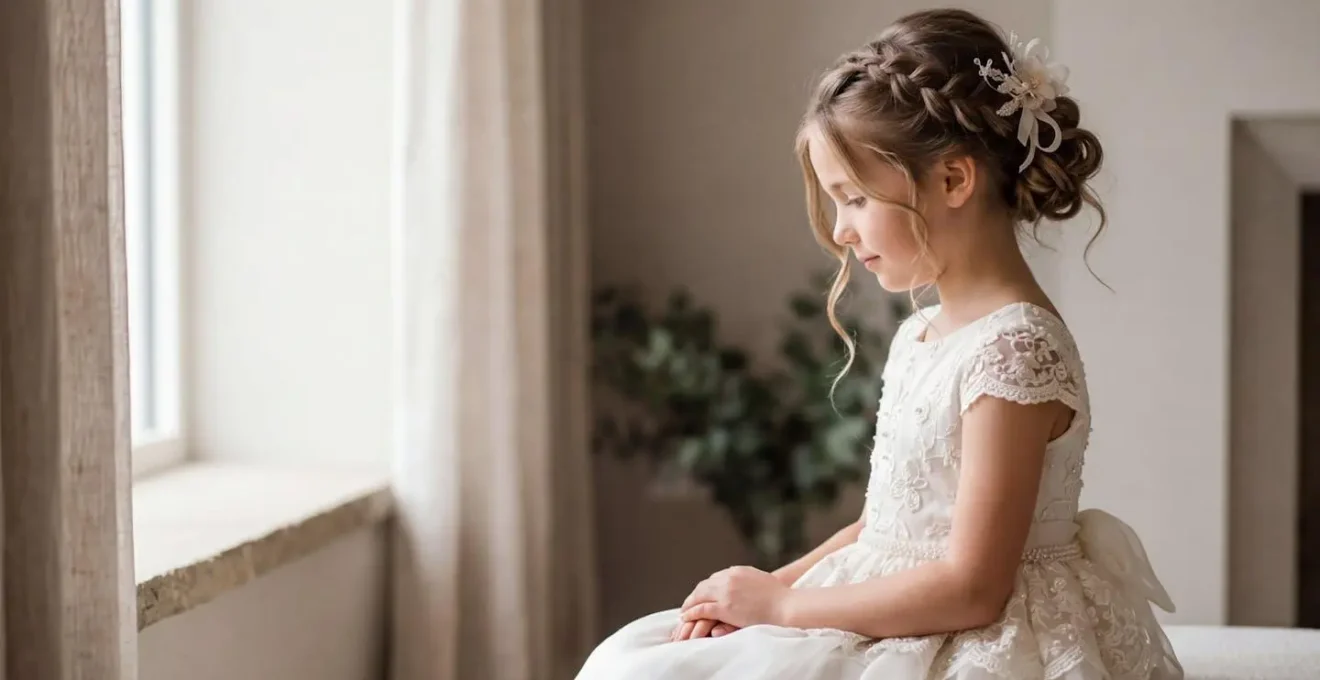 Fillette en robe de cérémonie avec une coiffure tressée élégante et accessoires assortis