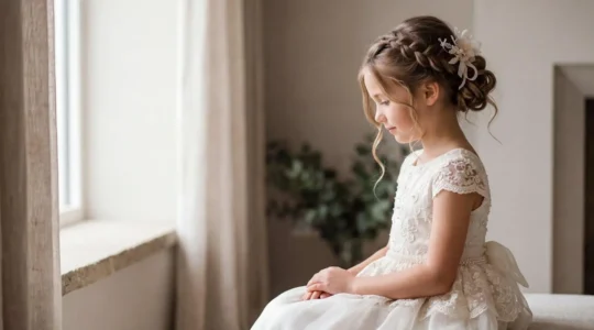 Fillette en robe de cérémonie avec une coiffure tressée élégante et accessoires assortis
