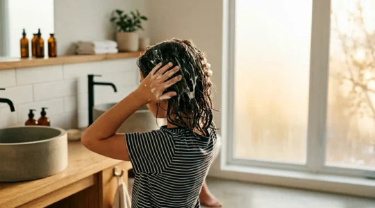 Jeune fille appliquant un masque capillaire naturel après la piscine