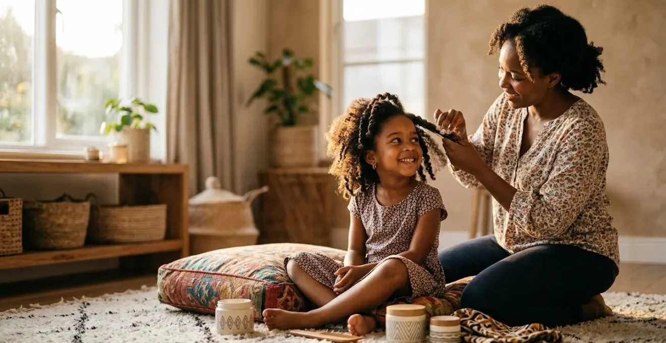 Mère appliquant délicatement une crème capillaire sur les cheveux crépus de sa fille dans un moment de complicité
