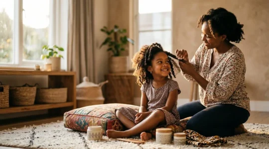 Mère appliquant délicatement une crème capillaire sur les cheveux crépus de sa fille dans un moment de complicité