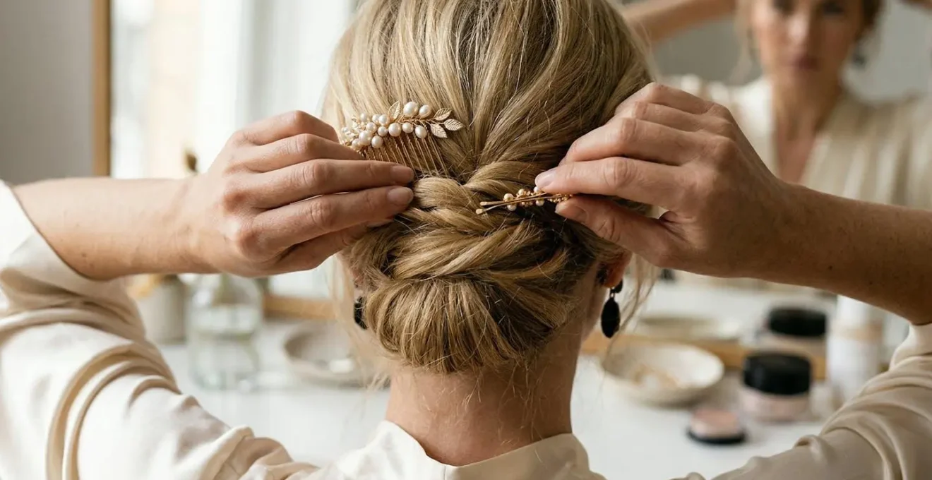 Femme aux cheveux fins blonds utilisant des épingles dorées pour fixer un ornement floral délicat