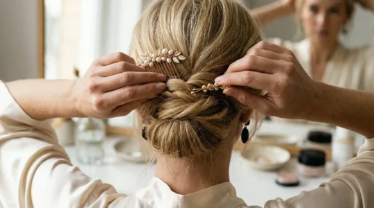 Femme aux cheveux fins blonds utilisant des épingles dorées pour fixer un ornement floral délicat