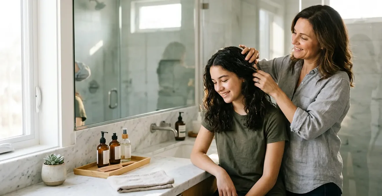 Parent et adolescent partageant un moment complice dans une salle de bain moderne pour une routine de soins capillaires