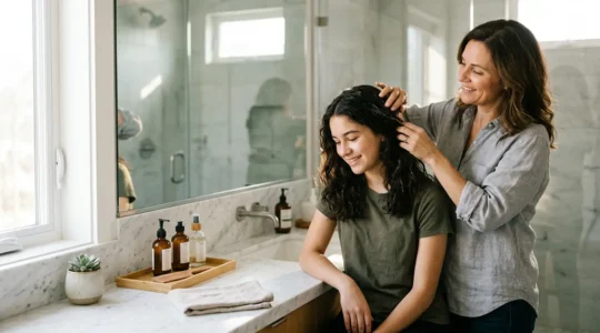 Parent et adolescent partageant un moment complice dans une salle de bain moderne pour une routine de soins capillaires