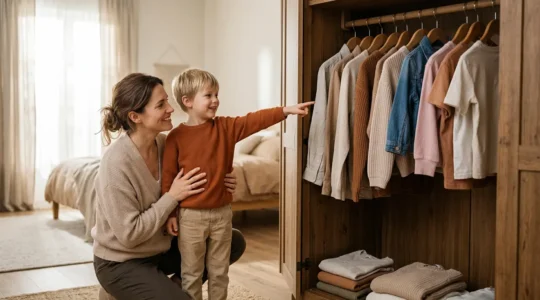 Parent et enfant de dos devant un dressing ouvert, l'enfant pointe du doigt ses vêtements préférés dans une ambiance lumineuse et bienveillante
