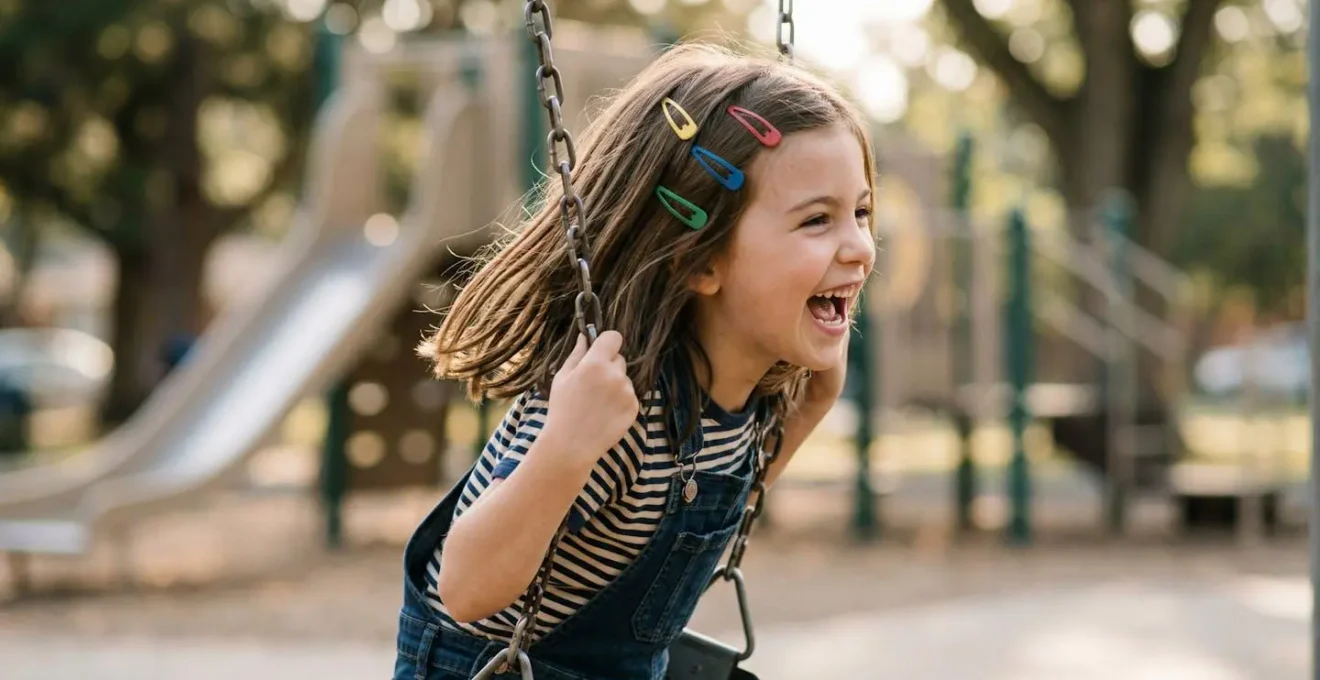Petite fille souriante avec des barrettes colorées dans ses cheveux lisses en train de jouer dans la cour de récréation
