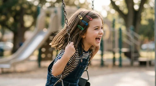 Petite fille souriante avec des barrettes colorées dans ses cheveux lisses en train de jouer dans la cour de récréation