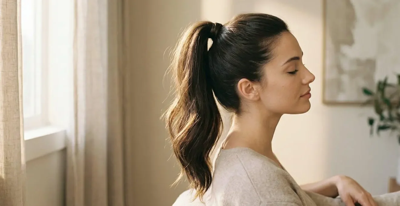 Femme de profil avec une queue de cheval haute parfaitement exécutée, sans tension visible sur les tempes