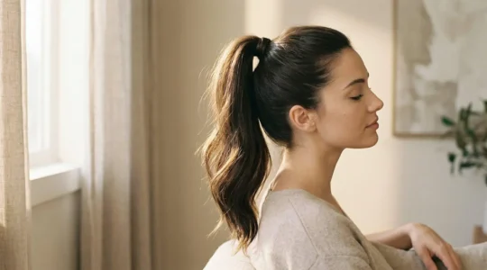 Femme de profil avec une queue de cheval haute parfaitement exécutée, sans tension visible sur les tempes