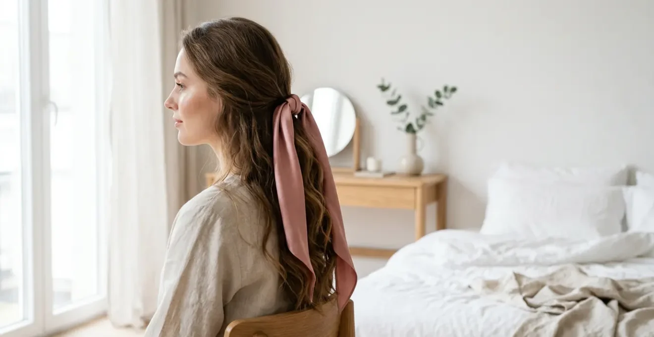 Coiffure élégante avec rubans de soie colorés sur cheveux longs brillants