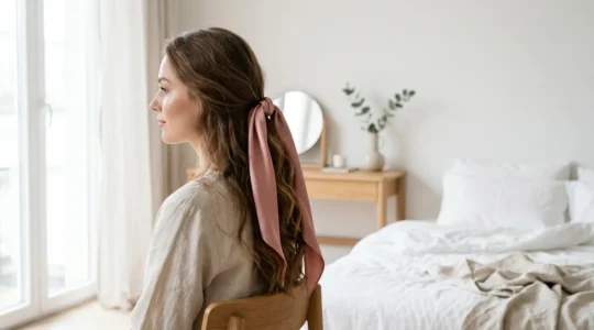 Coiffure élégante avec rubans de soie colorés sur cheveux longs brillants