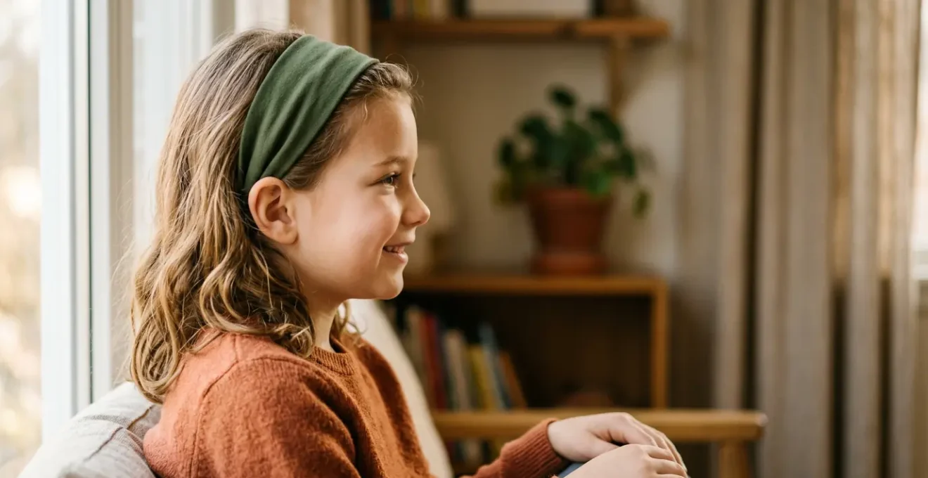 Enfant de profil portant un serre-tête correctement ajusté dans un environnement lumineux