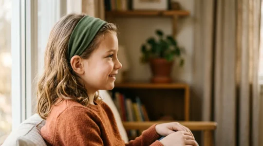 Enfant de profil portant un serre-tête correctement ajusté dans un environnement lumineux
