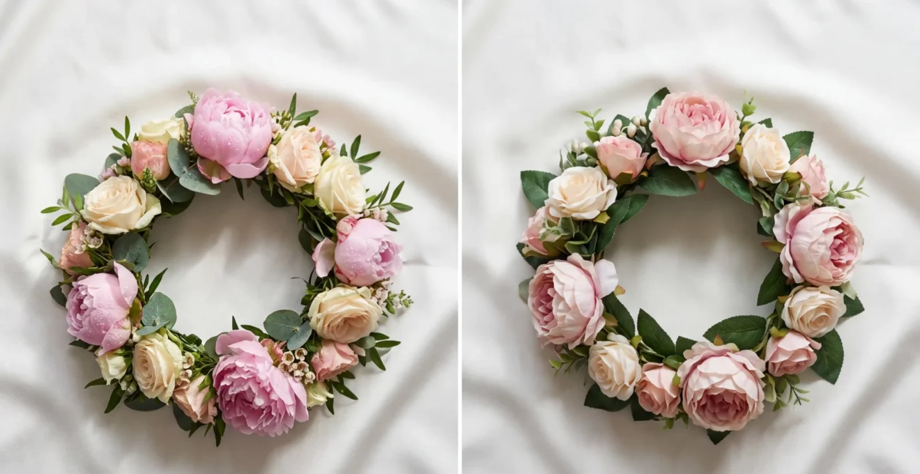 Comparaison entre un serre-tête de fleurs fraîches et un serre-tête de fleurs artificielles posés sur une table de mariage