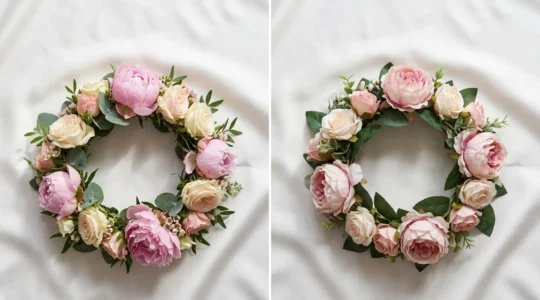 Comparaison entre un serre-tête de fleurs fraîches et un serre-tête de fleurs artificielles posés sur une table de mariage