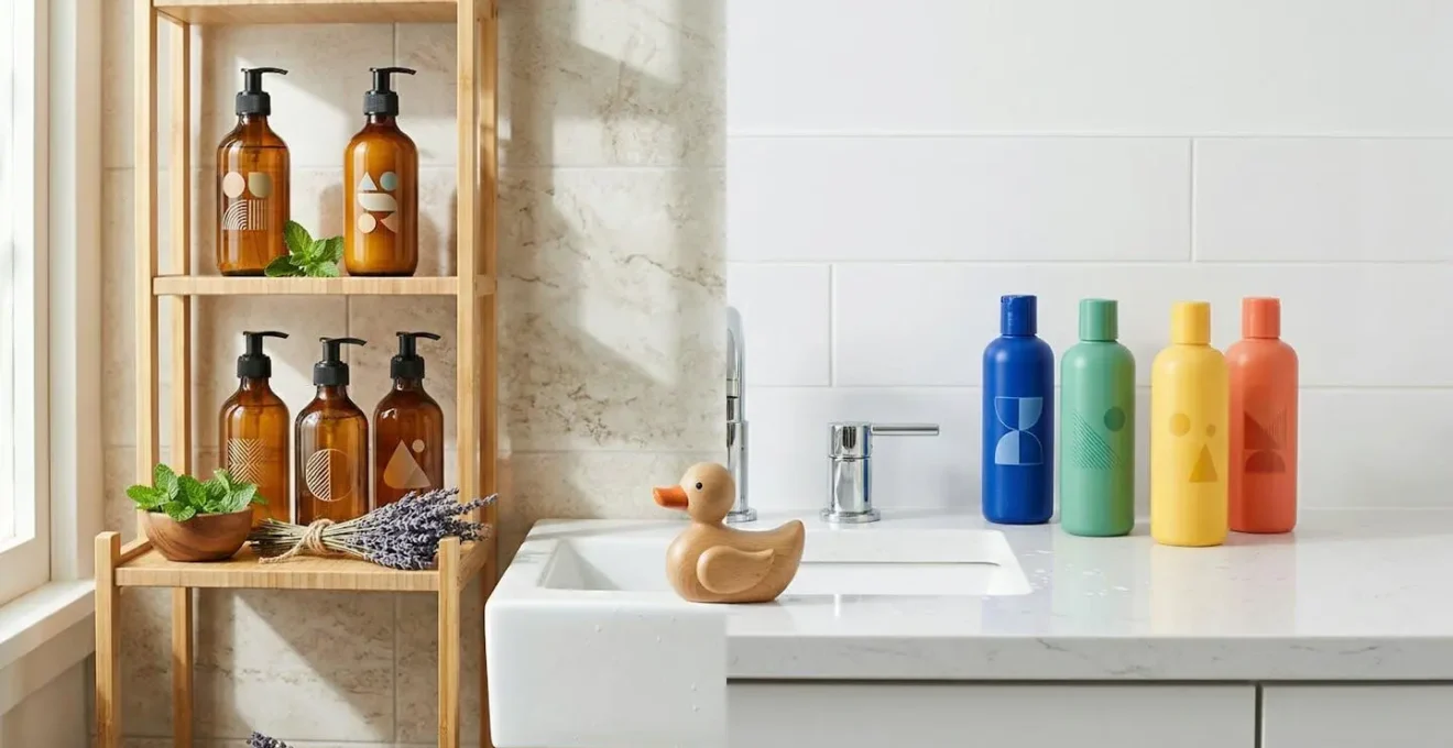 Comparaison visuelle entre shampoing bio et conventionnel dans une salle de bain familiale