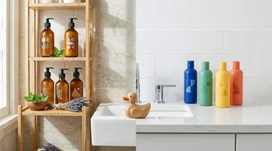 Comparaison visuelle entre shampoing bio et conventionnel dans une salle de bain familiale