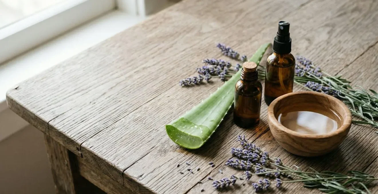 Ingrédients naturels pour spray démêlant disposés sur table en bois avec vaporisateur vide