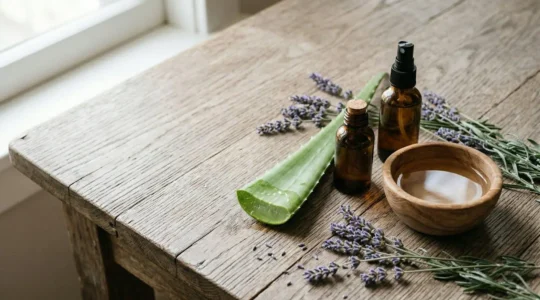 Ingrédients naturels pour spray démêlant disposés sur table en bois avec vaporisateur vide