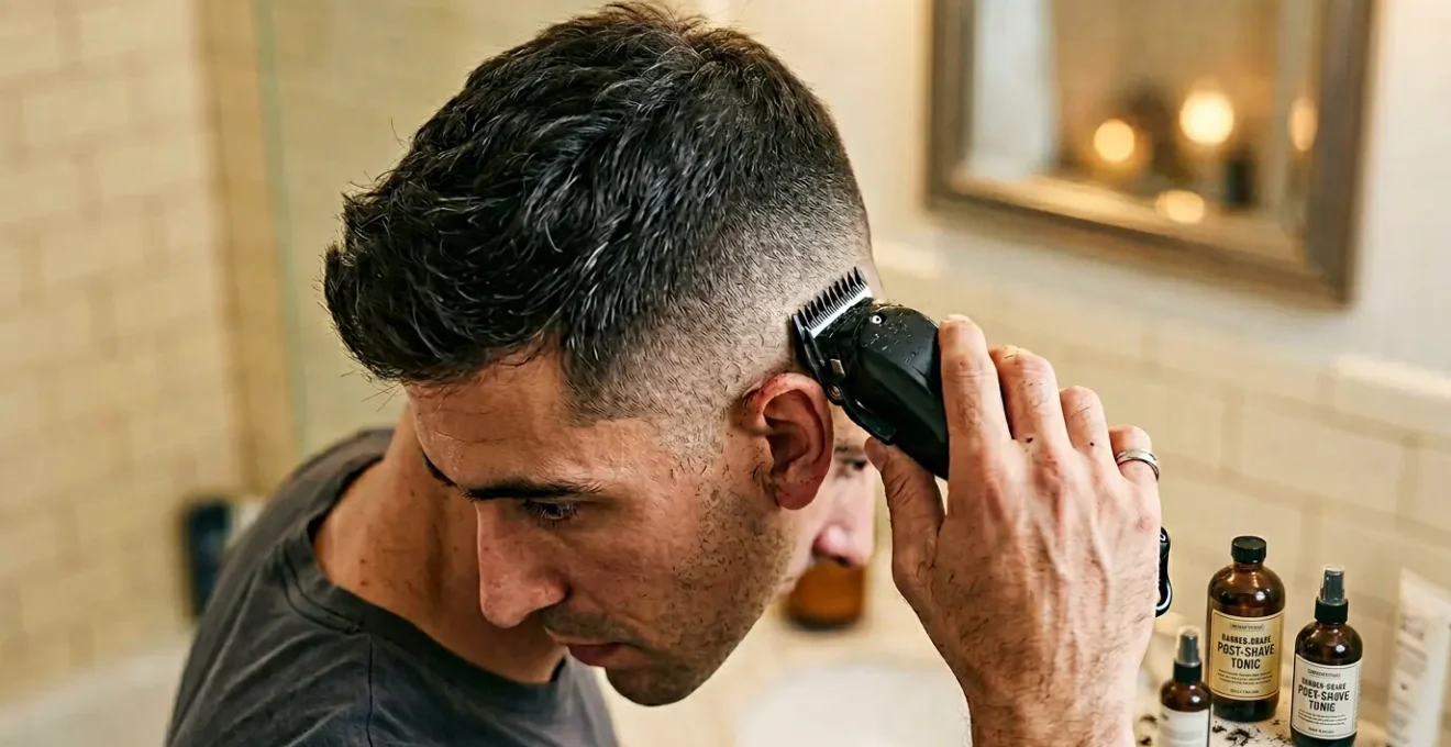 Vue en plongée d'un homme avec undercut entretenant lui-même ses côtés à la tondeuse devant un miroir