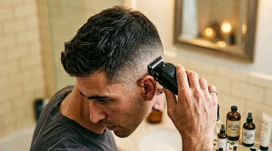 Vue en plongée d'un homme avec undercut entretenant lui-même ses côtés à la tondeuse devant un miroir
