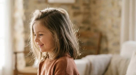 Petite fille souriante aux cheveux fins volumisés naturellement, de profil dans une lumière douce