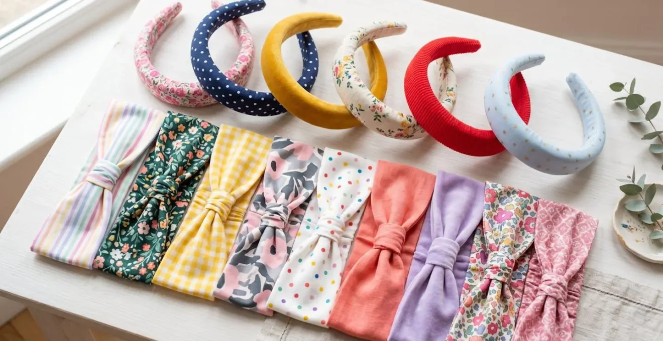 Ensemble d'accessoires pour cheveux d'enfant disposés sur surface claire, incluant serre-têtes rembourrés et bandeaux larges