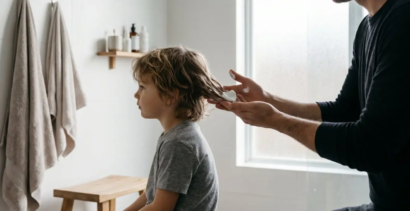 Vue latérale montrant l'application correcte de crème coiffante à distance des racines sur cheveux d'enfant