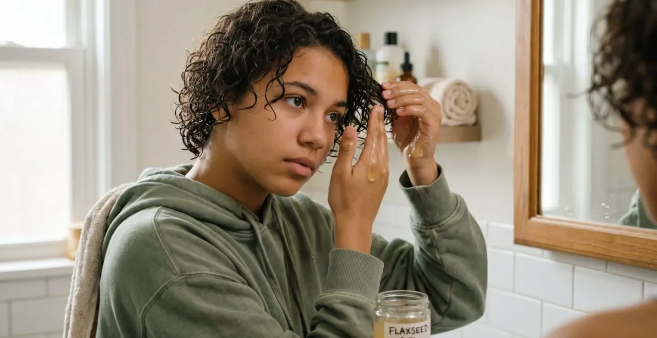 Jeune appliquant du gel naturel sur cheveux séchés à la serviette