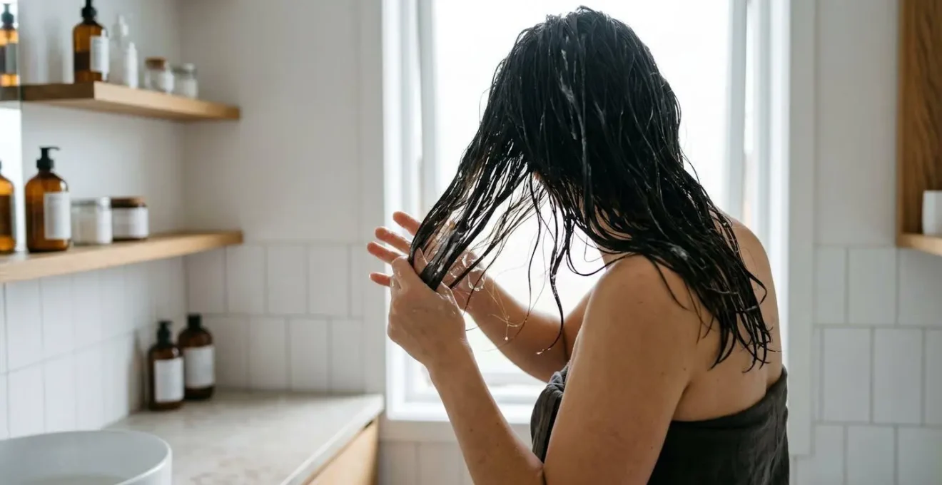 Application de gelée naturelle sur cheveux épais mouillés avec technique de superposition