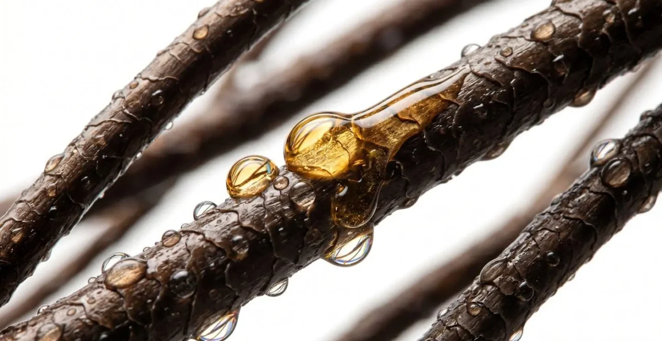 Gros plan sur des gouttes d'huile pénétrant des mèches de cheveux humides avec effet de transparence