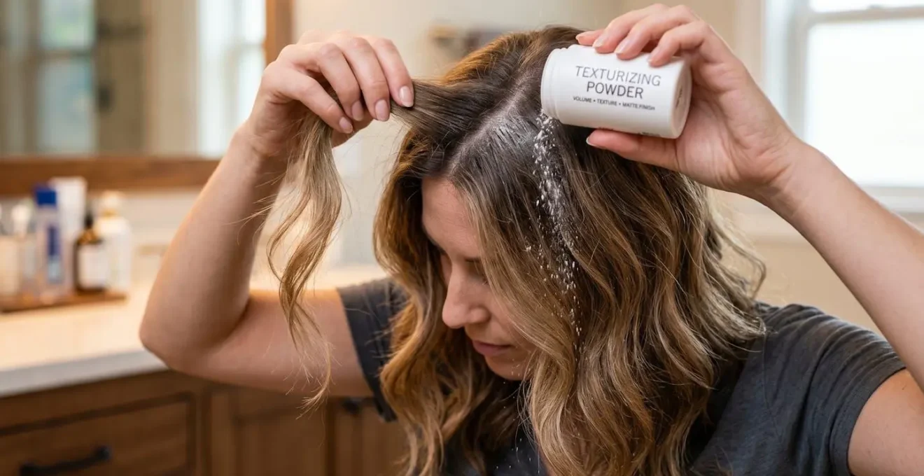 Mains appliquant de la poudre texturisante sur les racines des cheveux en soulevant les mèches