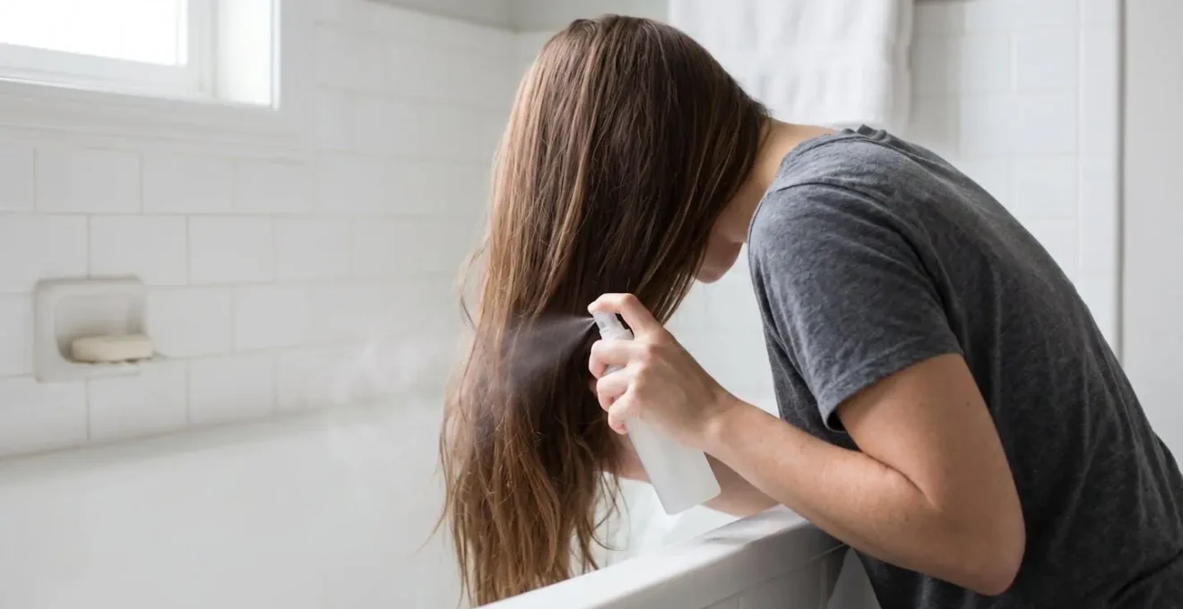 Femme appliquant un spray démêlant au-dessus de la baignoire