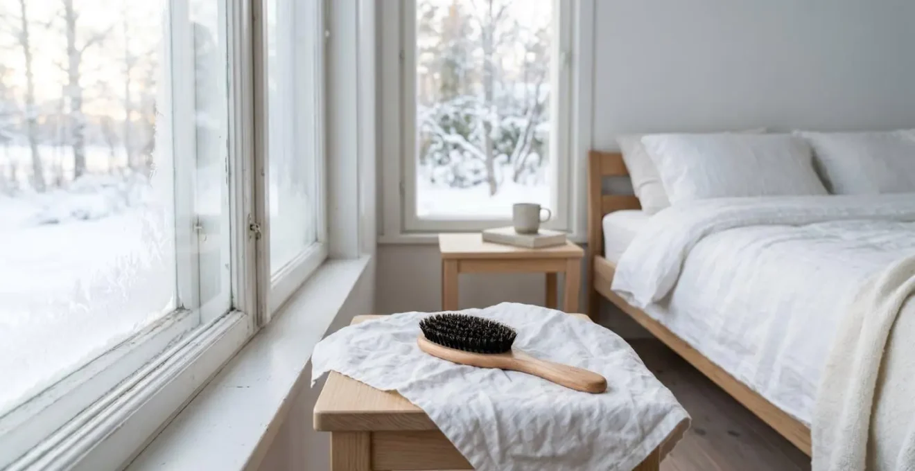 Brosse en bois naturel dans un environnement hivernal montrant l'absence d'électricité statique