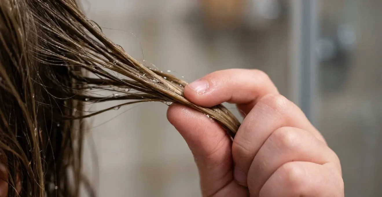 Gros plan sur les cheveux mouillés d'un enfant testant le crissement entre ses doigts