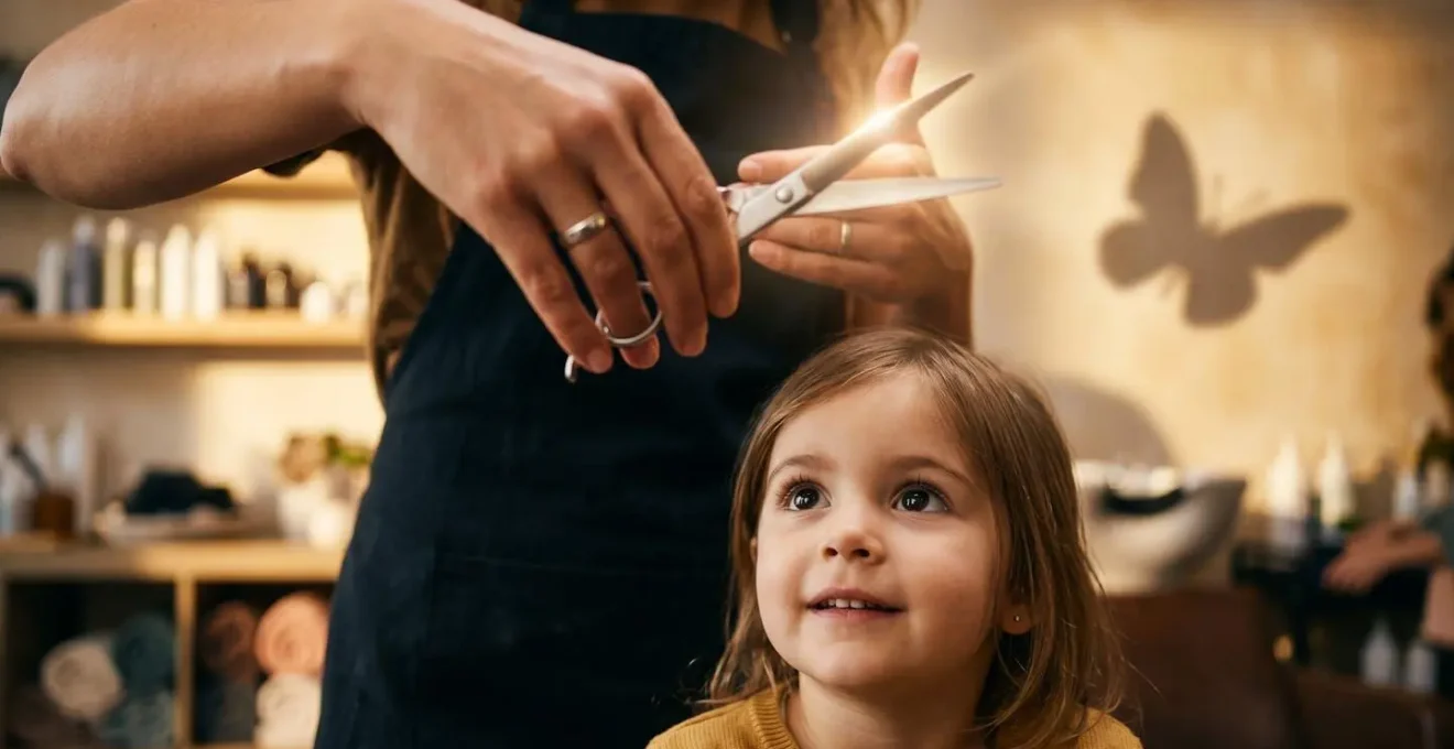 Coiffeur souriant montrant les ciseaux à un enfant curieux de manière ludique