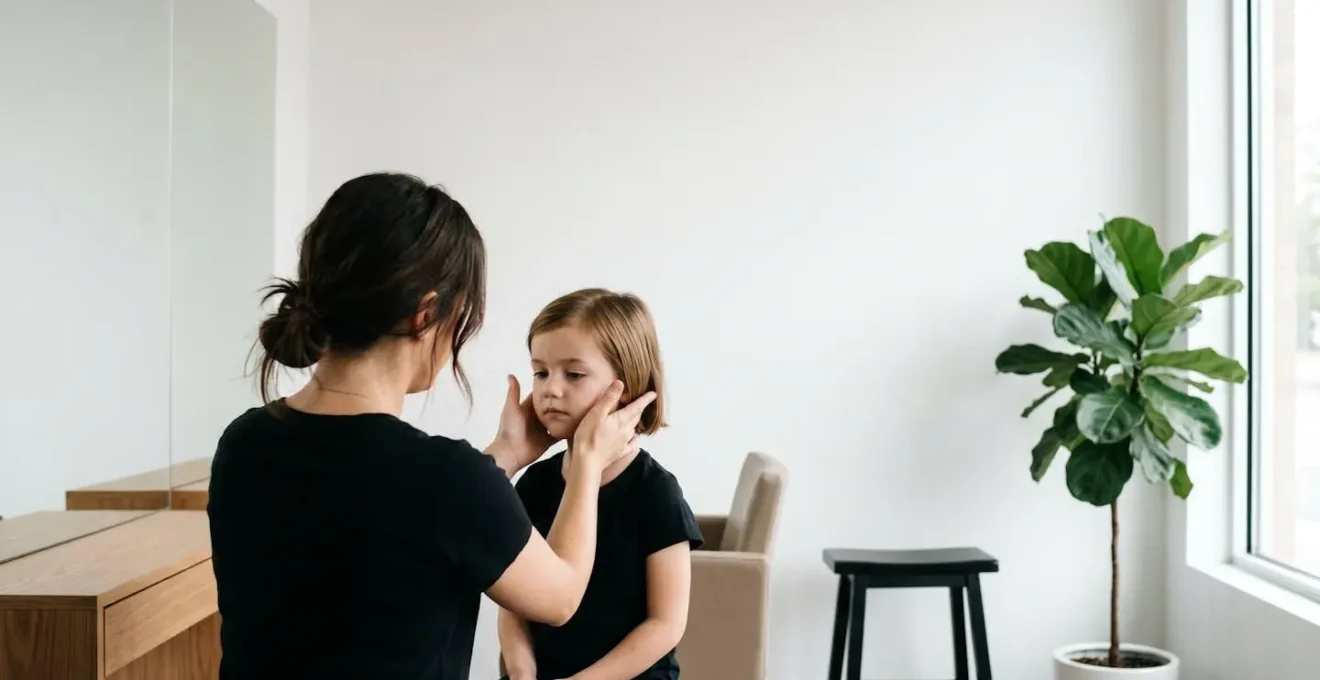 Vue de profil d'un coiffeur observant la forme du visage d'un enfant