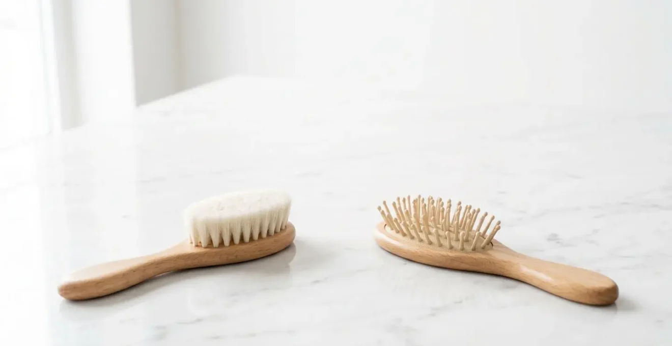 Deux brosses à cheveux côte à côte sur fond neutre, l'une aux poils naturels doux, l'autre avec picots arrondis