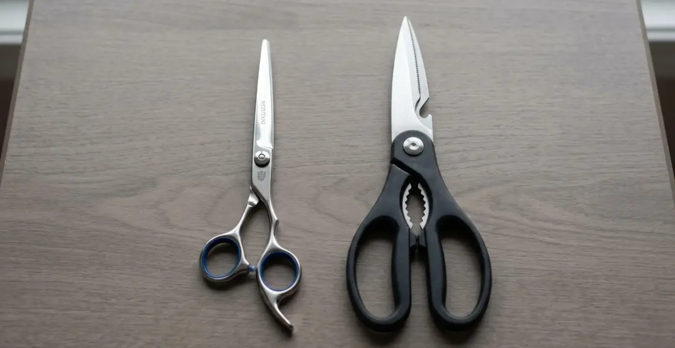 Vue comparative de ciseaux de coiffure professionnels et ciseaux de cuisine sur surface neutre