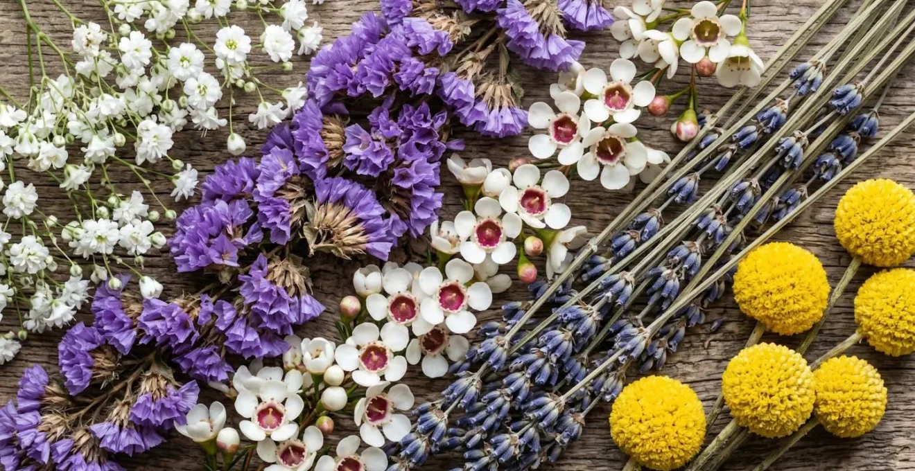 Gros plan sur différentes variétés de fleurs résistantes disposées sur une surface en bois naturel