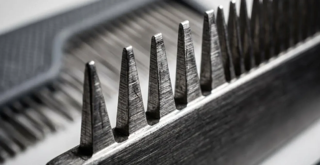 Vue macro détaillée des dents striées d'un peigne anti-poux en acier